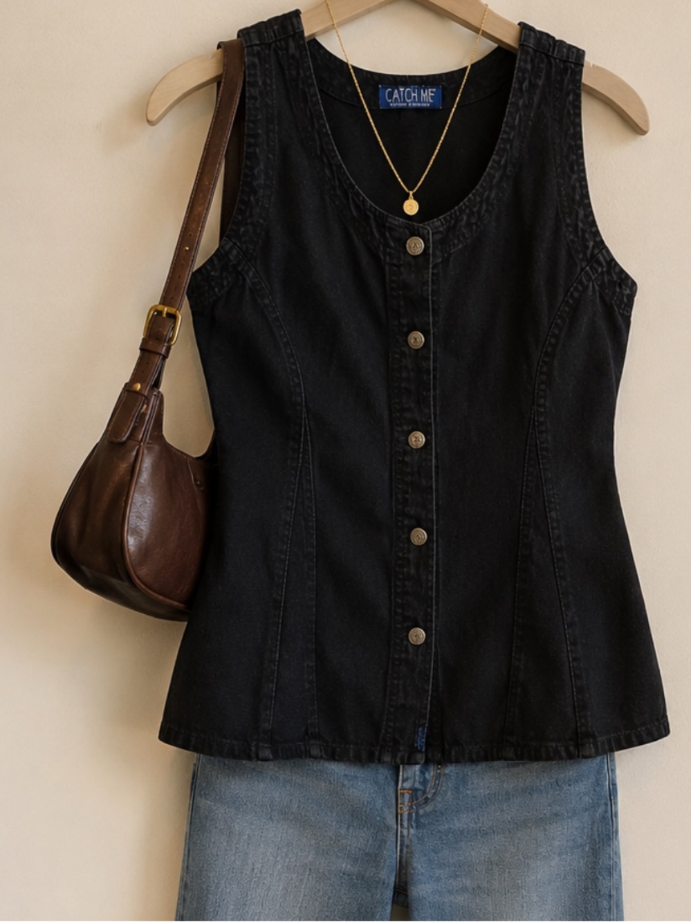 CATCH ME vintage y2k 90’s western denim black button up tunic vest
